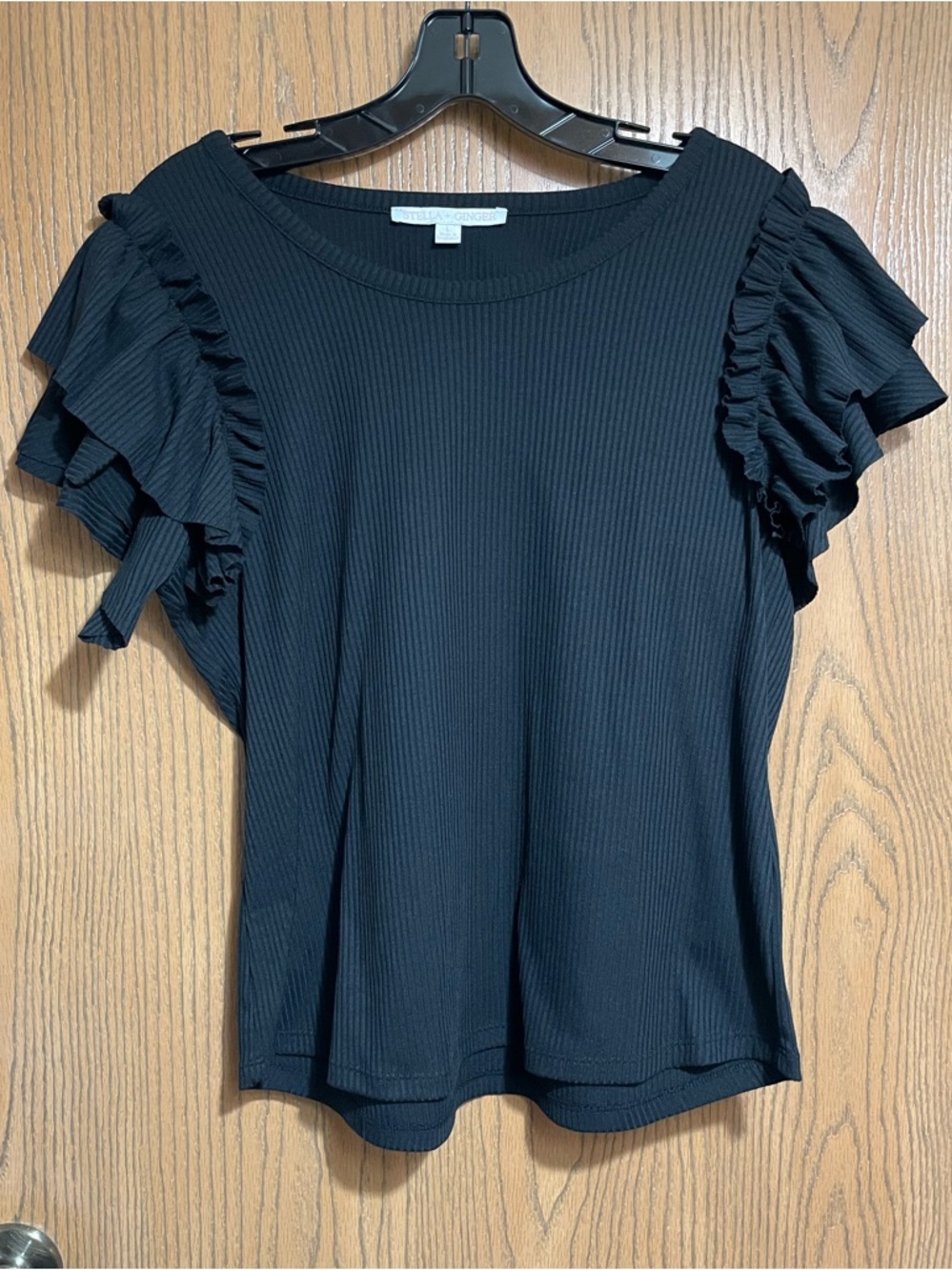Black Ruffle Sleeve Top with Ribbed Texture